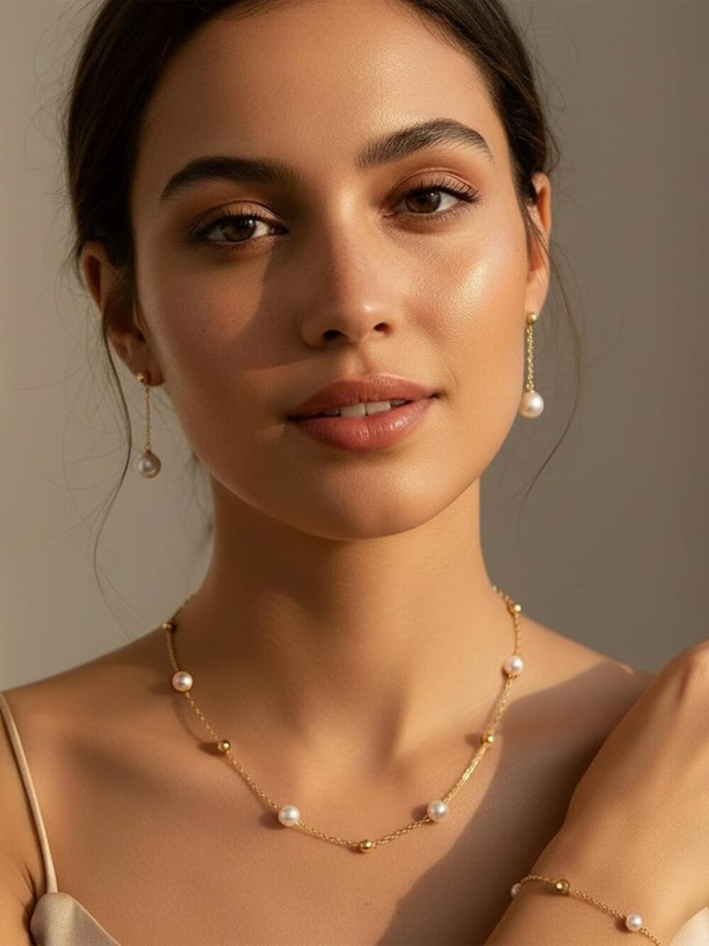 Gold Jewelry Sets For Women, Gold Pearl Dangle Earrings Bracelets Necklaces Set, View 2